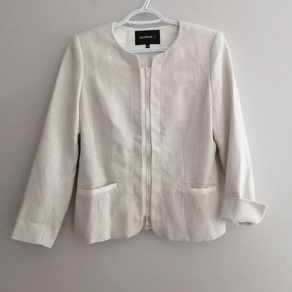 Lafayette 148 New York White Tweed Collarless Zip Up Blazer Size 4 - Picture 3 of 16